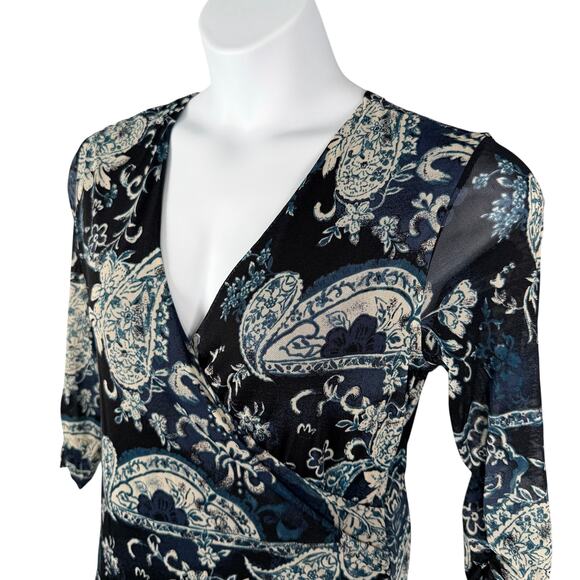 Vintage Worthington Top Womens Large Mesh Babydoll Paisley Y2K Faux Wrap - Picture 4 of 15